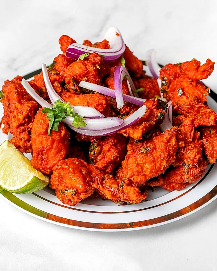 Madras chicken 65 with sliced onion, cilantro and lime on a white plate