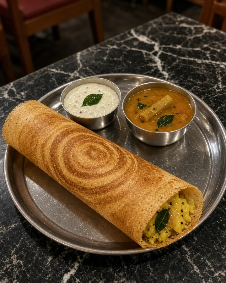 Masala dosa with potato filling, coconut chutney and sambar on a steel plate