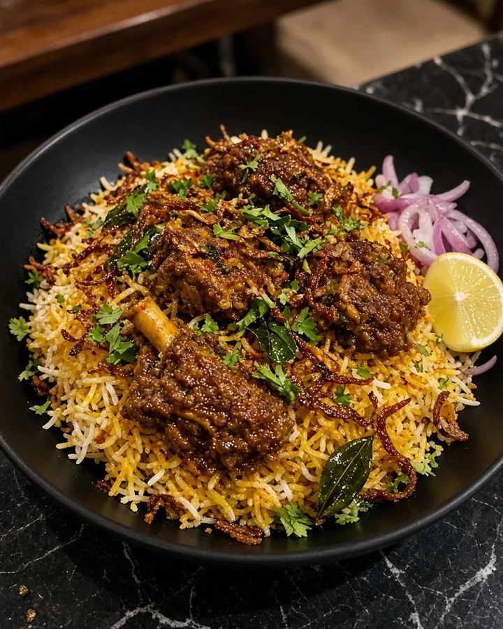 Mutton ghee roast biryani with dark roast masala, fried onions and lemon