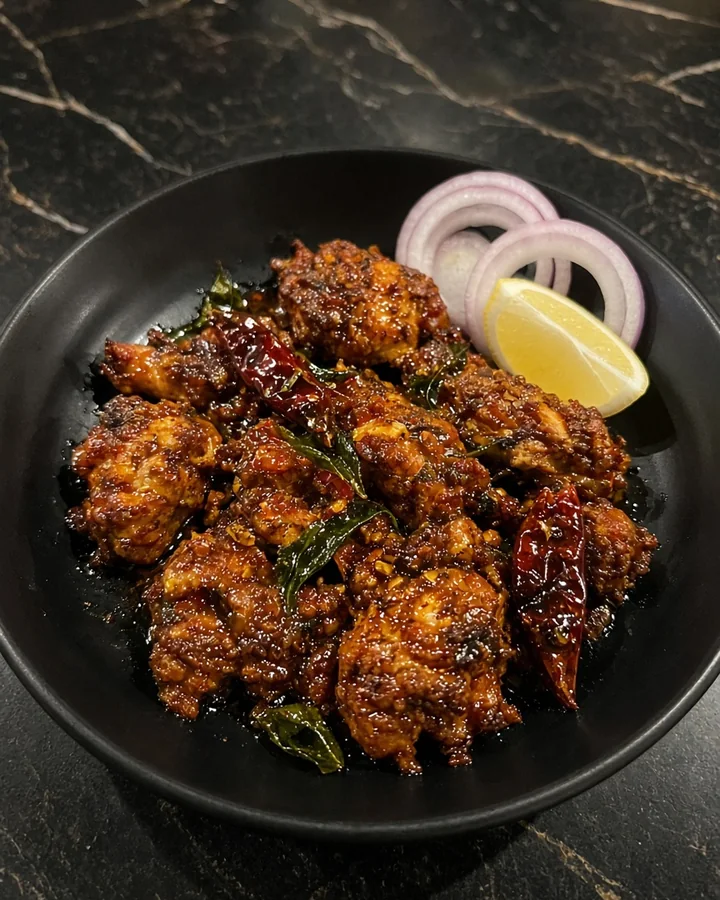 Nethi kori, chicken roasted in ghee and red chilli masala with curry leaves